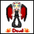 Pixelated character with silver hair, blue eyes, red wings, black dress, and orange flames below the text 'Demi' on white background.