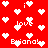 Red background with white pixelated hearts and text fragments including 'love', 'Briana!', and 'i' scattered across the image.