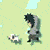 Pixelated character with dark hair and gray hoodie walks left to right across light green background, small white dog follows behind.
