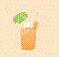 Pixelated image of a tall glass filled with orange liquid, topped with white foam and green garnish, set against a pastel checkered background.
