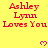 Yellow background with red text 'Ashley Lynn Loves You' repeated in a pattern and pink pixelated hearts scattered across the image