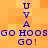 Pixelated blue text on orange background repeats 'UVA' vertically and 'GO HOOS GO!' horizontally in two mirrored sections.