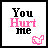 Pixelated text "You Hurt Me" in black and pink with a pixelated hand icon changing from pointing to heart shape.