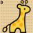 Pixelated yellow giraffe with orange spots, black outline, two small horns, and a short tail on beige background.