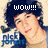 Pixelated image of a person with dark hair and light skin, wearing a dark blue top, with text overlays reading 'WOW!!!' and 'FREDDY' in blue and white.