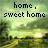 Pixelated landscape with green fields, trees, and a bright sun under a cloudy sky; text reads 'home, sweet home' in black block letters.
