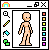 Pixel art of a humanoid figure in a paint program interface with tools and color palette visible.