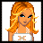 Pixelated image of a blonde woman with blue eyes wearing a white top with an X symbol, blue skirt, and brown purse, with orange and black text below.