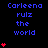 Blue text 'Carleena rulz the world' repeated across a black background with red heart symbols in varying quantities per section.