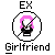 Static pixel art icon with gray background, black circular border, pink hair, white face, and text reading 'EX' above and 'Girlfriend' below.