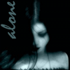 A grayscale animated sequence shows a figure with long hair against a black background, displaying text labels 'alone', 'gothic', and 'depressed' in cursive script.