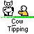 Pixel art animation of a white cat-like figure and yellow character performing cow tipping actions with changing poses and props.