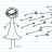 Pixelated grayscale icon of a stick figure with circular head, one arm raised holding an object, and legs in motion pose against white background.