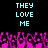 Pixelated cyan text "THEY LOVE ME" repeated twice on black background above pink pixelated crowd with raised hands.