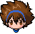 Pixel art character head with brown spiky hair, blue headband, and blue collar; three expressions shown: two with open eyes, one with closed eyes.