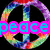A colorful peace symbol with rainbow gradient rings overlaid by pink and cyan text reading "peace" and "love" on a black background.