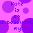 Pixelated purple and pink background with repeating text 'Kate is so unbelievably fly' in blue, overlaid with purple circles of varying sizes.