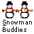 A 2x2 contact sheet of four animated frames showing pixelated snowmen with top hats and red scarves holding hands against a gray background with falling snow.