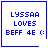 Four identical blue pixelated text with 'LYSSAA LOVES BEFF 4E (:' and one showing a heart, another a star at bottom-right