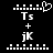 Pixelated black-and-white icon with white text 'Ts', '+', and 'jk' arranged vertically, flanked by dotted lines above and below; left side features a heart symbol in the top-right corner.