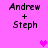 Pixelated text 'Andrew + Steph' on bright pink background with animated heart symbols appearing and disappearing.