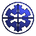A circular blue icon with a central gear-like shape and four arms, surrounded by concentric rings that shift position across frames.