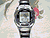 A pixelated watch with a pink flower on the band, a person in a red shirt with blue collar, and a cityscape with a red banner reading CASIO WQV 3D8 PICS.