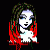 Pixelated image of a figure with long hair and red clothing against black background, next to text reading "LIFE" above "SUX" on white square bordered in red.