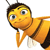 Pixelated cartoon bee with yellow-orange body, black stripes, and dark brown hair, resting chin on one arm against white background.