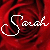 A red rose background with white pixelated text reading "Sarah" and a small heart symbol in the bottom right corner of one frame.