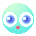 A pixelated green cartoon character with large blue eyes and a red mouth in two animation frames showing head movement.
