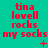 Red text on teal background reads 'tina lovell rocks my socks' with animated pixel changes in symbols and dots across three of repeated text