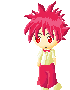 Pixel art character with red spiky hair and red pants in multiple poses with a smaller brown-haired figure and cloud effects.