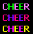 A contact sheet of 5 animated frames showing a cheer doll icon with repeated "CHEER" text in various colors and a pixelated character holding pink pom-poms.