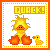 Pixel art of a yellow duckling with orange feet and beak, standing next to a smaller duckling under a 'QUACK!' speech bubble.