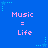 Blue background with repeated pink text "Music = Life" and light blue star shapes scattered across the image.