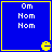Blue square with yellow border containing white text "Om Nom Nom" and yellow Pac-Man icon at bottom-right corner.