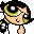 Pixelated cartoon character with black hair, green accents, and peach skin making a peace sign gesture against gray background.