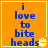 Orange square with blue text reading "i love to bite heads" and a yellow Pac-Man-like icon, featuring pixelated animation of the icon's mouth opening and closing.