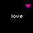 Pixelated pink heart and starburst icons above four 'love' text instances on black background.