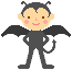 Pixelated character with black wings, tail, and horns; light skin, pink cheeks, smiling face; standing pose with hands on hips against gray background.