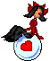 Pixel art of a character with red hair and black wings sitting on a blue sphere with a heart symbol.