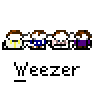 A 4x3 contact sheet of 12 animated frames from a Weezer-themed AIM buddy icon showing various pixelated character and waveform designs.