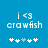 Pixelated blue background with white text 'i <3 crawfish' and five star-like symbols below, where the third symbol is light blue.