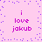 A pink background with purple text reading "i love jakub" in four quadrants, surrounded by scattered blue dots that shift position across frames.