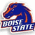 Blue horse head logo with orange accents and 'BOISE STATE' text on a white background, transitioning to pixelated crowd scene.
