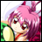 Pixelated anime-style buddy icon featuring a character with pink hair and red eyes on the left, paired with text elements on a black background to the right.
