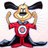 Pixelated cartoon character in red superhero outfit with target emblem, flexing arms against white background; blue below contains red text "We Love You" and partial phrase