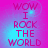 A four- of identical pixelated text reading "WOW I ROCK THE WORLD" on a pink-to-blue gradient background with cyan light effects