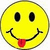 Yellow circular face with black oval eyes, curved black mouth, and red tongue sticking out, displayed in a